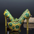 Gold Rhinestone Wedding Shoes Bridal Luxury Crystal Clovers Pumps High Heel Shoes Handmade Pigskin Platform Shoes