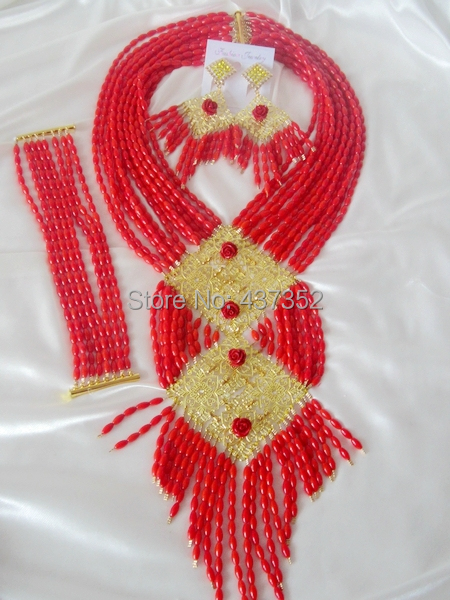 Handmade Nigerian African Wedding Beads Jewelry Set , Coral Beads Bridal Jewelry Set CWS-464