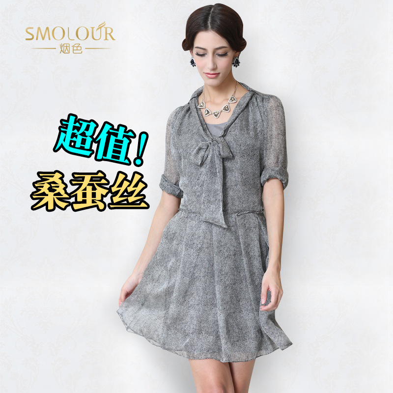 Female ol summer plus size full sleeve O-neck thin Silk A-line Dress women hedging Fold Bow slim soft silk dresses D05