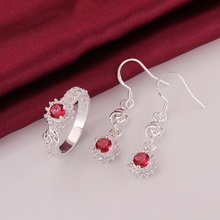 Hot wedding jewelry female charm flower hanging round red crystal Drop Earrings ring fashion Silver plated jewelry Set S696