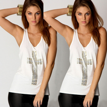 Hotsale New Retri Lady Girl Diamond Cross Vest Tops Hollow Back set Loose Shirt