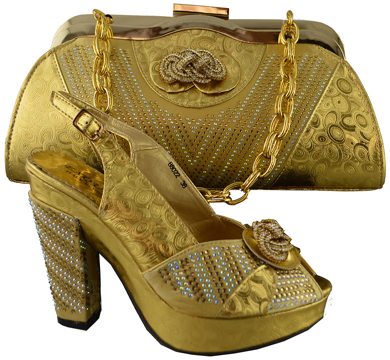 B8022 2 Top selling African shoes and matching bags set gold shoe and bag for wedding or party ...