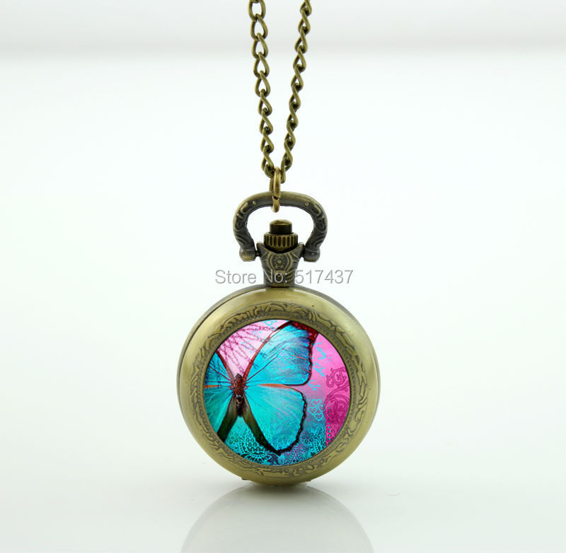 WT-00248 Blue Butterfly Necklace. Vintage Globe Pendant. Charms. Butterfly Jewelry glass photo pendant necklace