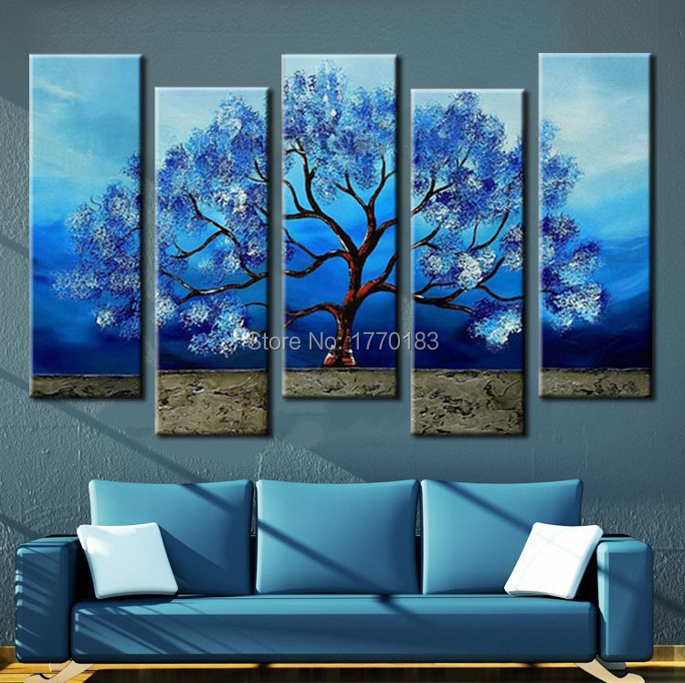 Hand Painted Modern Abstract Blue Canvas Oil Painting Tree Picture 5 Piece Wall Art Large Wall Painting Home Decoration Set