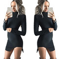 Women Sexy Long Sleeve Irregular Hem Black Bodycon Dress 2016 Autumn Side Cut Mini Dresses Ladies