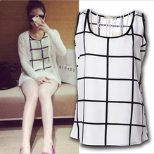 Plus Size Blouses Sleeveless Black & White Tartan Plaid Chiffon Blouse Vest Halter Bottoming Shirt verao blouses BG654