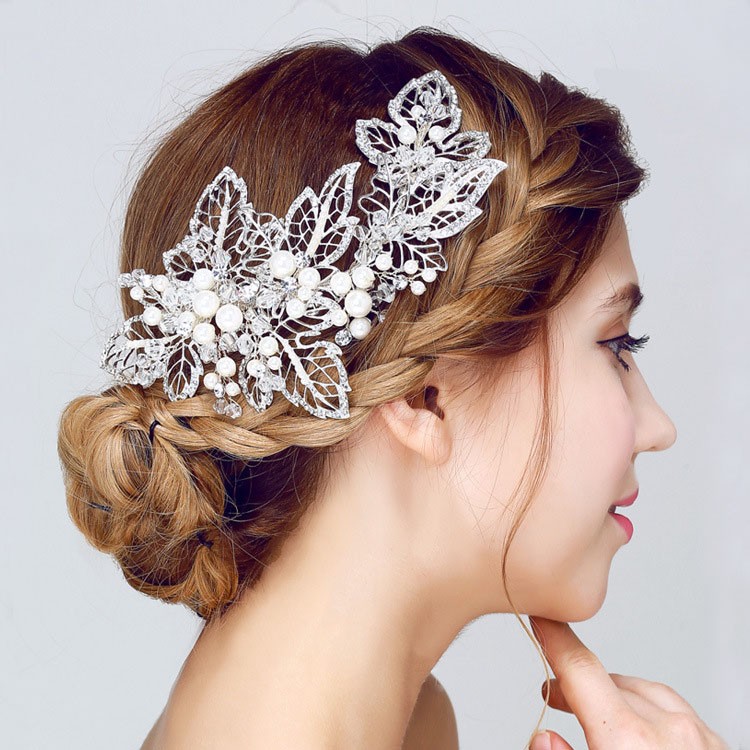 Slbridal Handmade Silver Crystal Pearls Flower Leaf Wedding Hair