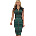 2016 Women Elegant Summer Sleeveless Optical Illusion Colorblock Tunic Front Zip Work Casual Party Bodycon Sheath