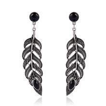 New Arrival Elegant Bohemian Vintage Antique Silver Leaf Feather Earring Long Black Dangle Drop Earring Accessories For Women