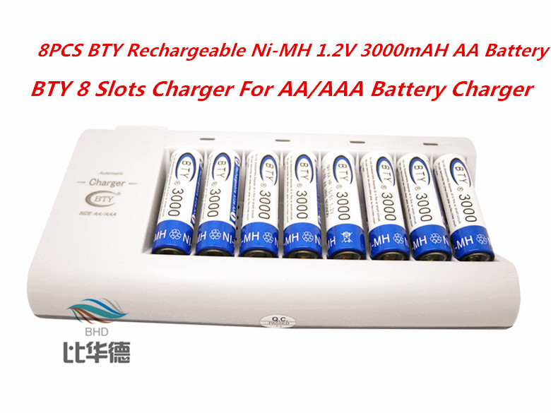 Smart Charger 8PCS BTY Rechargeable Ni MH 1 2V 3000mAH AA Battery 1PC BTY 8 Slots