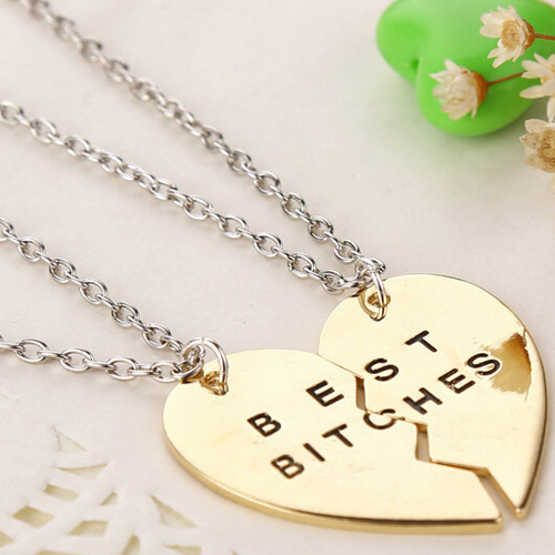 Vintage Delicate Jewelry Heart Shaped Pendants Necklaces Rhinestone 2 Parts For best bitches Inset Crystle Love