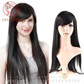 28 70cm Black Long wig Straight Brazilian Human real Hair Wigs with Side Swept Bangs None