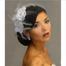 Hot Sale Bird Cage Veil Wedding Veil Birdcage Veil Netting Face Short Feather Flower White Fascinator Bride Hats with Veil(China (Mainland))