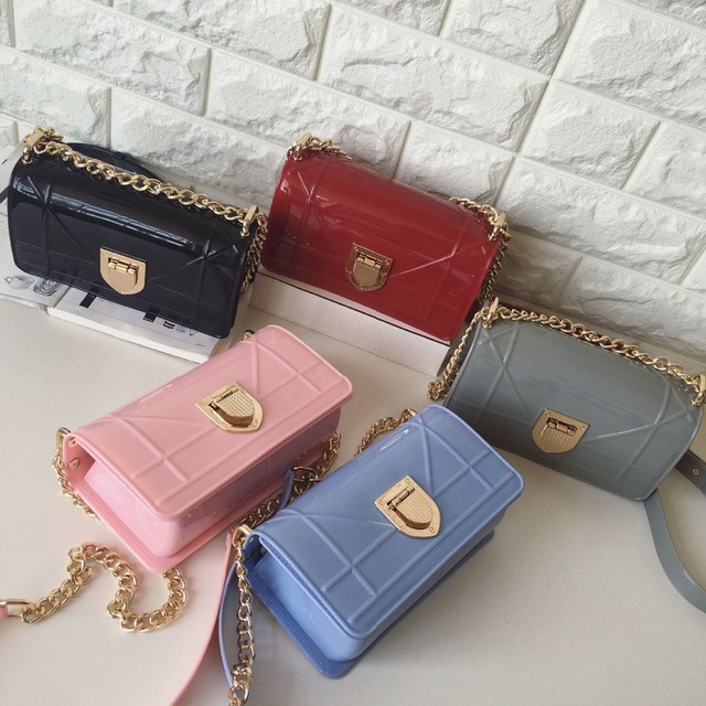 New design fashion jelly mini geometric patterns PVC classic gold chain mini shoulder bag ladies handbag messenger bags purse