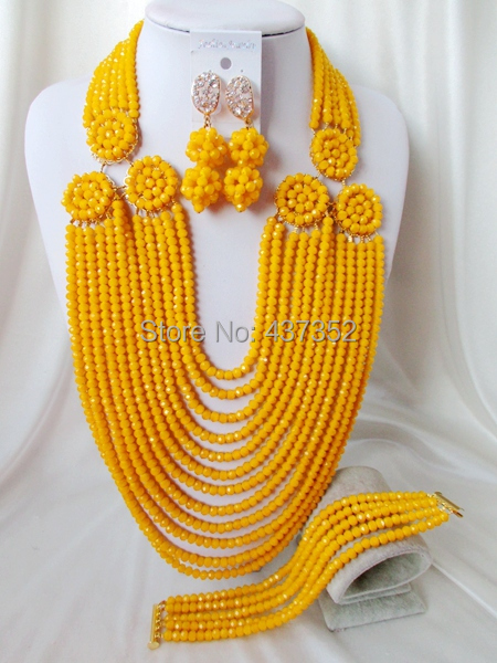 2015 New Fashion! Banana yellow crystal beads necklaces costume nigerian wedding african beads jewelry sets NC2226