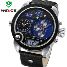 WEIDE Brand Big Dial Waterproof Men Quartz Leather Wrist Watch LCD Dual Time Display Multi function