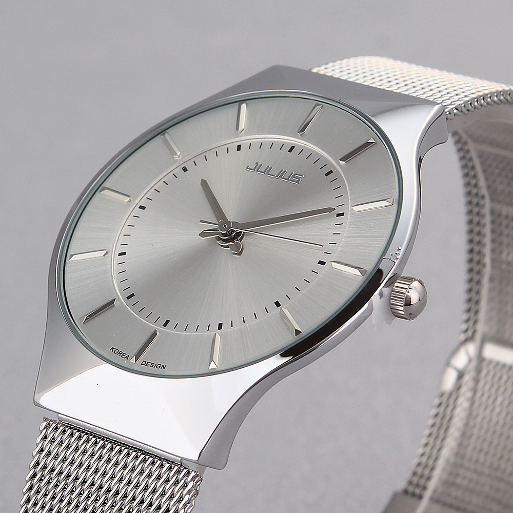 2015 JULIUS Brand Stainless Steel Band Analog Display Quartz Men Wristwatch Ultra Thin Dial Luxury Men