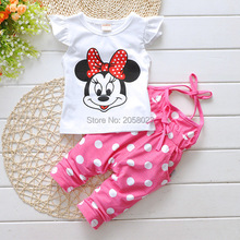 2016 Summer Style Girl Clothes Cotton Minnie Short Sleeves +Overalls Suit Baby Girls Clothing Set Dot Leggings Clothes Bebess