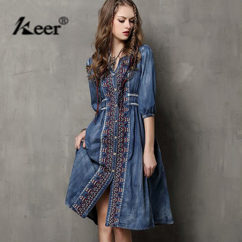 KEER 2016 Dresses National Style Embroidery Loose Half Sleeve Dress Big Sizes Summer Dresses Vintage Denim Dresses Women Blue