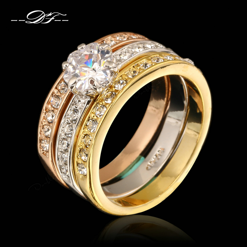 Designer 3 Rounds CZ Diamond Paved Engagement Rings Wholesale 18K Rose Gold Plated Crystal Wedding Jewelry