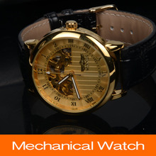 2015 nuevos hombres de moda reloj de pulsera mecánico del cuero genuino impermeable reloj dorado de lujo para hombre reloj Relogio relojes de vestir