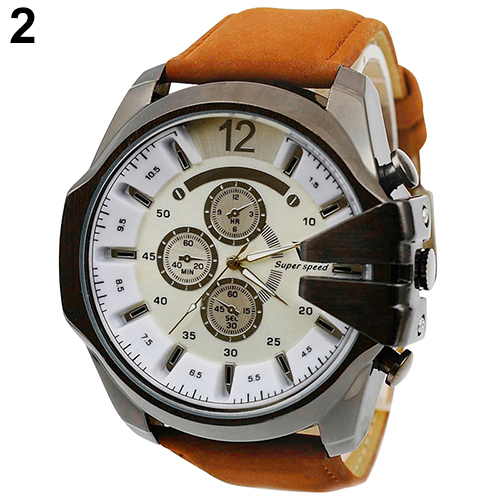 2015 New Men Big Dial Faux Leather Band Stainless Steel Analog Quartz Sports Watch 5ENI