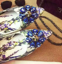 Luxury Designer Flower Print Rhinestone Women Pumps Colorful Zapatos Mujer Satin Pointed Toe Brand Female High Heels Party Shoes