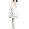 2016 Spring Lantern Sleeve Women Dress Loose Comfortable Simple Summer Dress Embroidered Light Yellow Flowers Casual