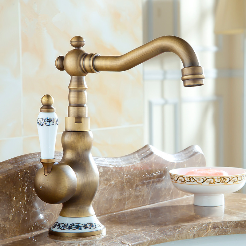 blue and white porcelain Kitchen Faucet 360 Swivel Retro Mixer Tap fashion Antique faucet copper hot and cold basin tap 4412F