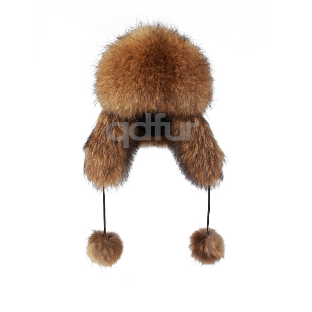 Fashion Ladies' Genuine Raccoon Fur Trapper Cap Fur Hats Caps With Earflap Winter Women Fur Beanies Female Headgear QD30423