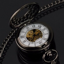 INFANTRY MEN’S Luxury Vintage Hunter Mechanical Skeleton Wind Up Pocket Watches Black Stainless Steel Chain