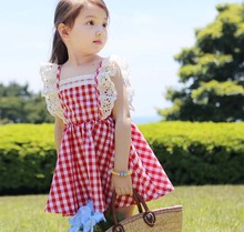 2016 Summer Baby Girls Fly Sleeve Plaid Evening Party Dresses Kids Lace Princess Sofia Dress Children Girl Clothes Blue/Red