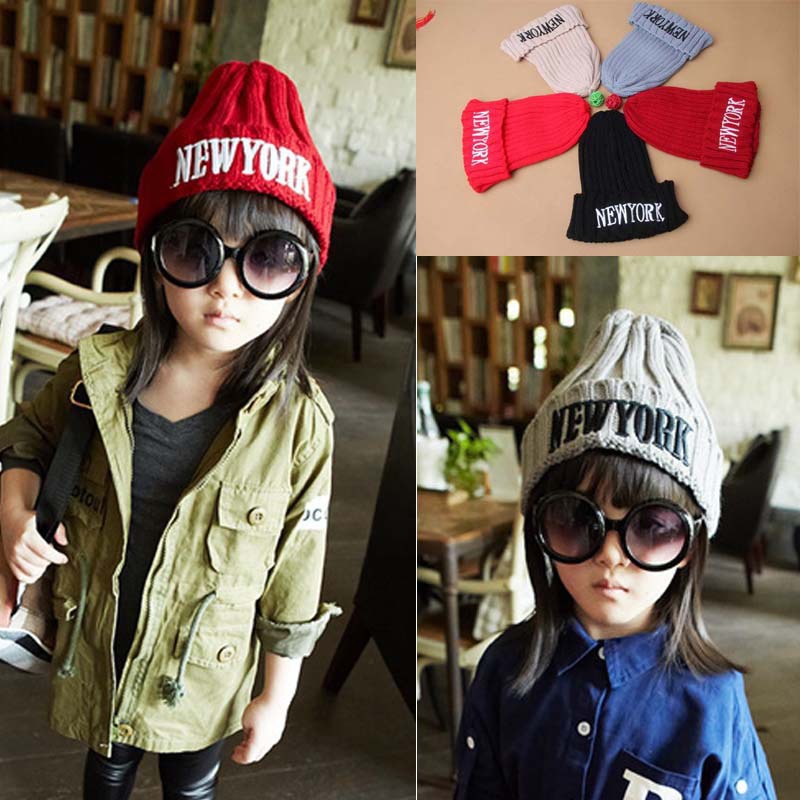 2015 New Children s Winter Warm Hat New York Letters Vertical Striped Wool Cap Pointy Hot