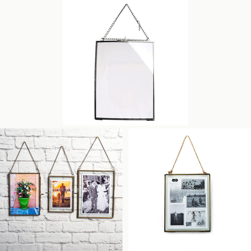 2pcs Metal & Glass Hanging Photo Frame Vintage Portrait & Landscape & Specimen 