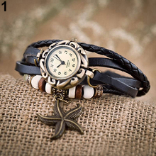 Mujer chica Vintage pulsera de cuero de las estrellas de mar decoración del cuarzo del reloj 28D7