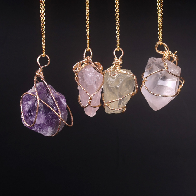 New Classic Handmade Twining Irregular Natural Stone Pendant Purple Crystal Pink Quartz Crystal Necklace For Women