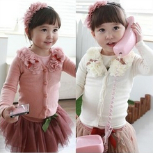 2015 New children cardigan baby girls spring autumn top sweater coat with flower Toddler outerwear Top quality