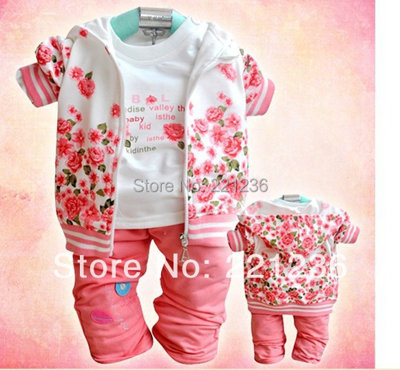 Free shipping 2014 new Baby children girls clothing sets suits kids 3pcs coat hooded+shirt+pant trousers baby