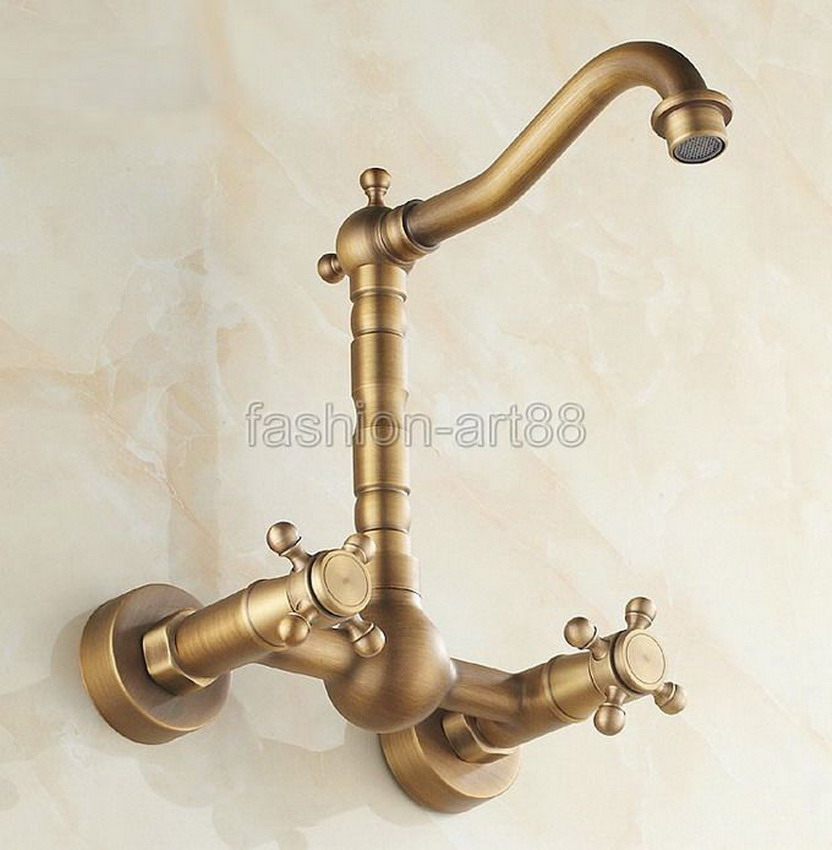 Фотография Antique Brass Wall Mounted Dual Cross Handles Swivel Kitchen Bathroom Sink Basin Faucet Mixer Tap anf052