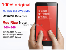 DHL free 100% original Xiaomi Redmi Note 4G LTE dual sim mtk6592 octa core Mobile Phone hongmi Note 5.5″ IPS 2G RAM 8G ROM 13MP