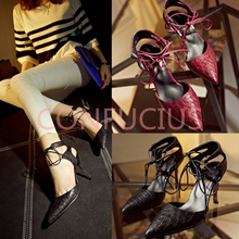 2015 New brand pumps genuine leather ribbon pumps lace up ankle wrap embossed leather BIG Plus size spring autumn shoes women