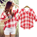 2016 New Arrive Women Plaid Cotton Checkered Shirt Short Blouse V Neck Shirts Tops Blusa Feminina