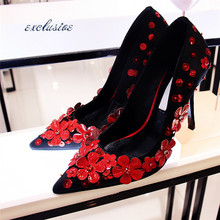 Flowers Wedding Pumps 2016 Spring/Autumn Latest High Quality Thin Heels Pointed Toe Woman Shoes Black Rue Party Sexy 9.5cm Pumps