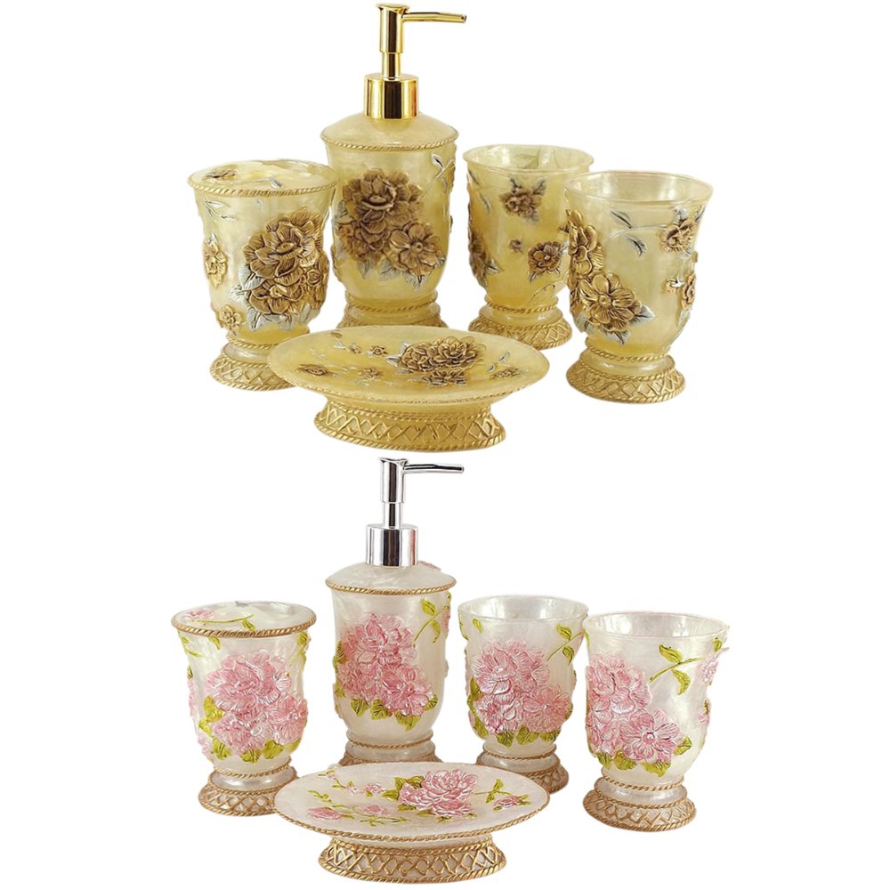 High Quality Art Gift Floral Drawing Bathroom Set Pink