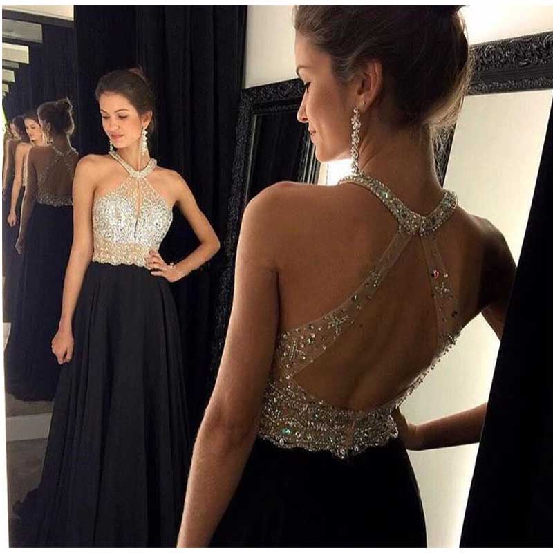 Halter Backless negro largo Prom vestidos 2016 With pesado partida por la noche vestido Formal atractivo