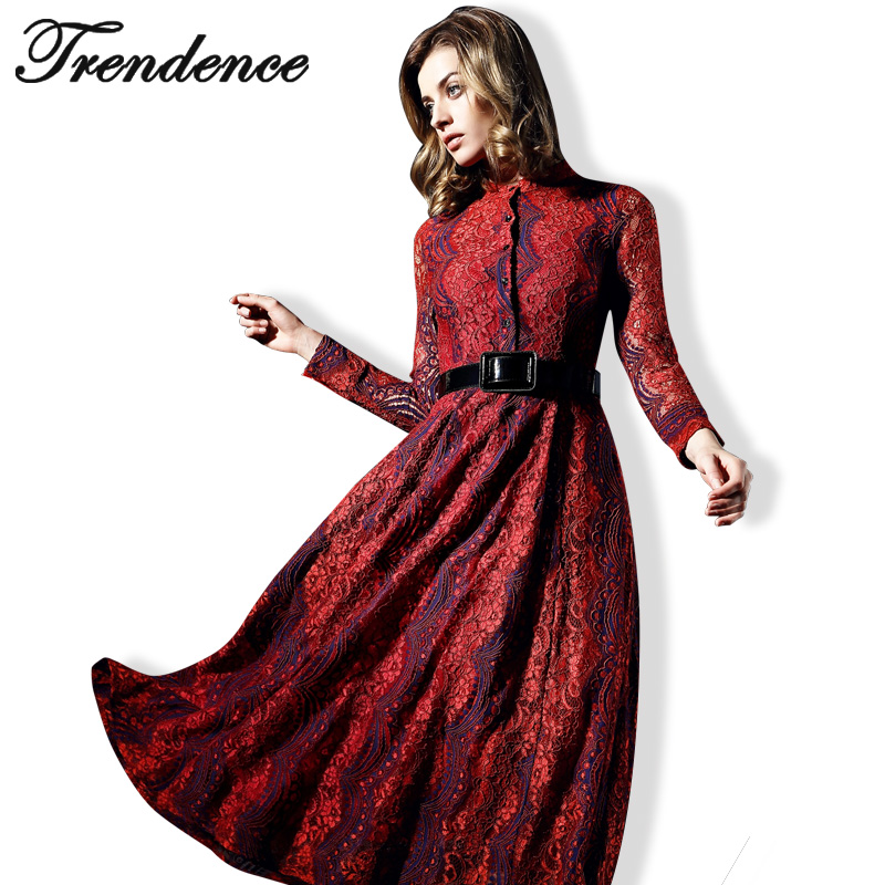 Trendence 2016 Woman Elegant  Dress Lace Vestidos Long Sleeves Ankle-Length Woman Europe Style New Fashion 2016 Summer GH61202
