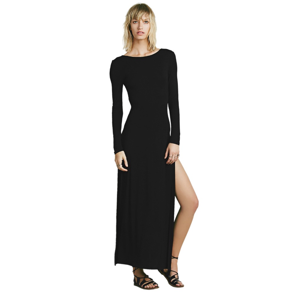 Fashion Autumn Long Sleeve Split Hem Backless Sexy Long Dress Women