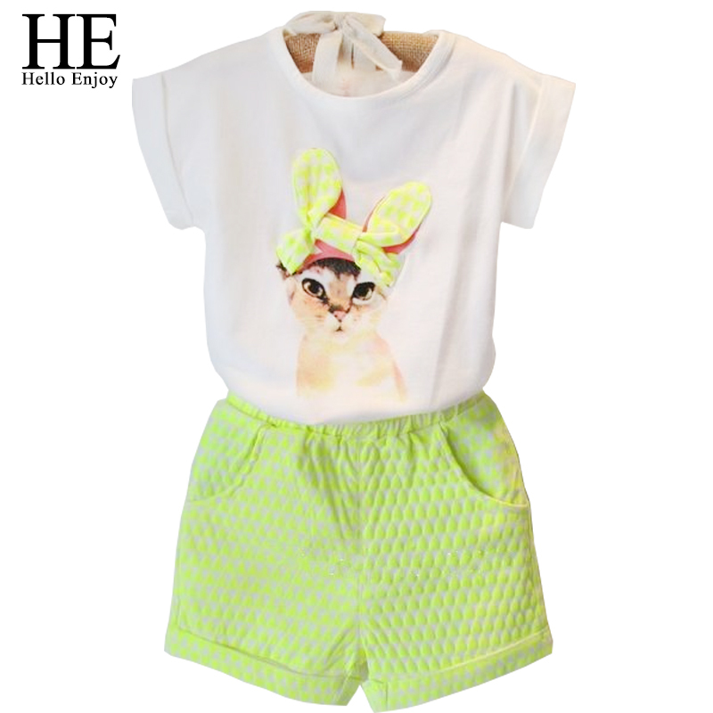 Summer new 2014 Girls clothing set baby girl s clothes sets cartoon cat children kids T