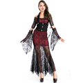 Gothic Vampires Costume New Adult Women Halloween Cosplay Lace Patchwork Fancy Long Dress Devil Maleficent Witch