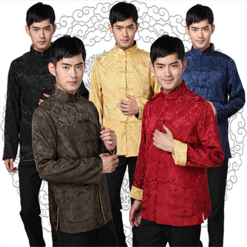 Hot Mens Silk Chinese Traditional Clothing For Men Tang Suit Tops  Long sleeve Shirt Kung Fu Suit Plus Size